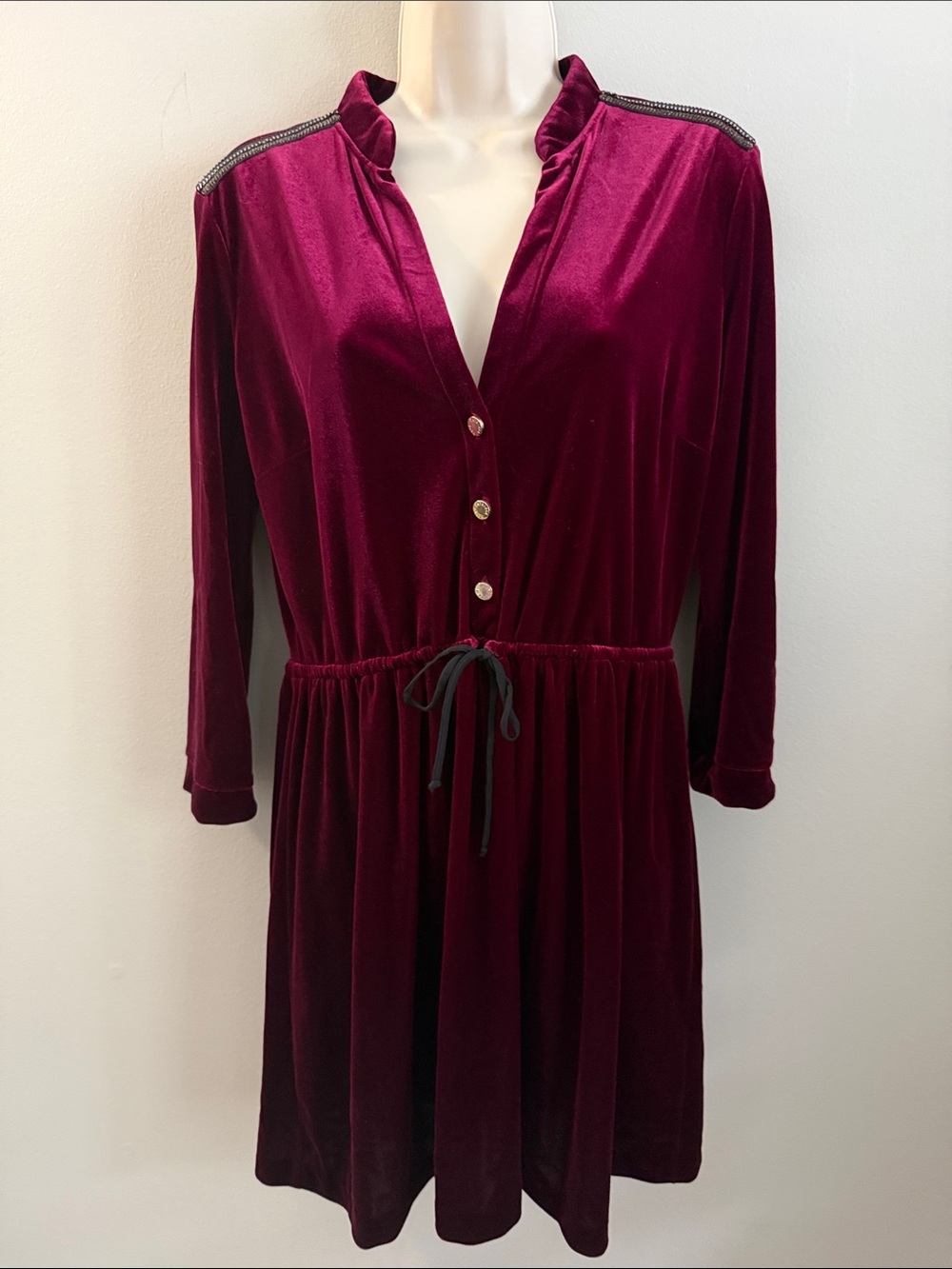 Patrizia Pepe Velvet Button-Front Drawstring Waist Dress - Burgundy